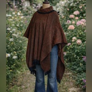 Vintage Red/Brown Alpaca Wool, Fringe Poncho From Ecuador